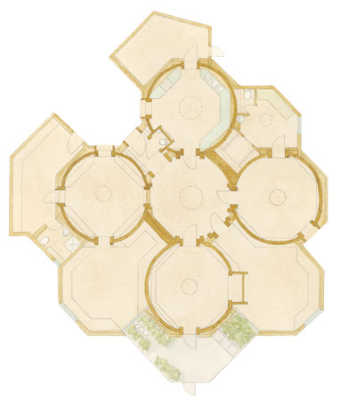
Six domed rooms, two framed with timbers and four made from clay, form the home’s honeycomb design.
